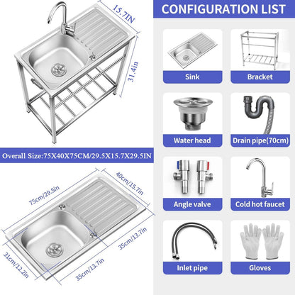 Free Standing Utility Sink, Outdoor Stainless Steel Laundry Tub, Portable Single Bowl Washing Hand Basin Station with Workbench, Fish Cleaning Table &Storage Shelves for Garage, Kitchen,Camping