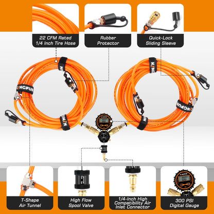 Kingfun 4 Tire Inflation & Deflation System, Rapid High Flow 4 Way Tire Inflator Hose Kit with Digital Pressure Gauge, Fits Up to 220" Wheelbase for Off-Road, Jeep, Truck, SUV