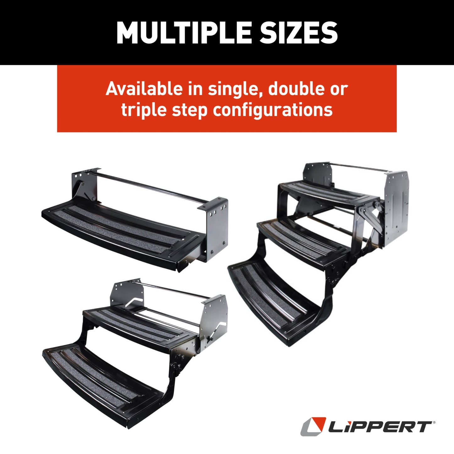 Lippert Radius 24" Double Manual RV Step Assembly, 8" Rise, 300 lbs. Anti-Slip Steps, Compact One-Hand Expand or Collapse, Black Powder Coat, Travel Trailers, 5th Wheels, Campers - 432682