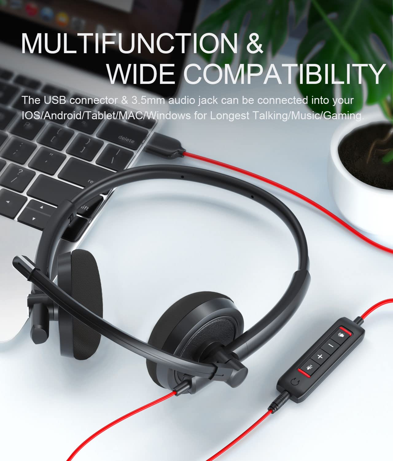 HROEENOI USB Headset, Noise Cancelling Headphones with Microphone, PC Headset Wired for Computer/Mac/Laptop, with USB+3.5mm Jack, in-line Controls for Office Home Business