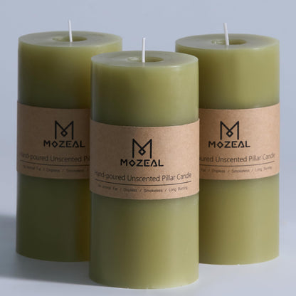 MOZEAL 3" x 6" Hand-Poured Unscented Candle, Dripless Pillar Candle Set of 3, Long Lasting Burning, Approx 120 Hours Burn Time, Rustic Country Style, for Wedding, Harvest Festival, Home Decor, Olive