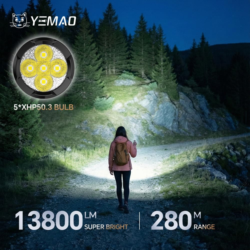 Yemao Rechargeable Flashlights 13800 High Lumens, Brightest Flashlight, Super Bright LED Flashlight Type C Charged, 5 Modes Long Lasting 63 Hours, for Emergencies, Camping, Outdoor, Caving