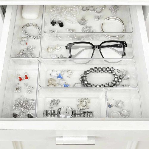 ChefktCove 25-Piece Clear Plastic Drawer Organizer Set, 4-Size Versatile Storage Bins & Trays | Non-Slip Bathroom, Vanity, Kitchen, Office & Bedroom Drawer Organizers for Makeup, Jewelry, Utensils & M