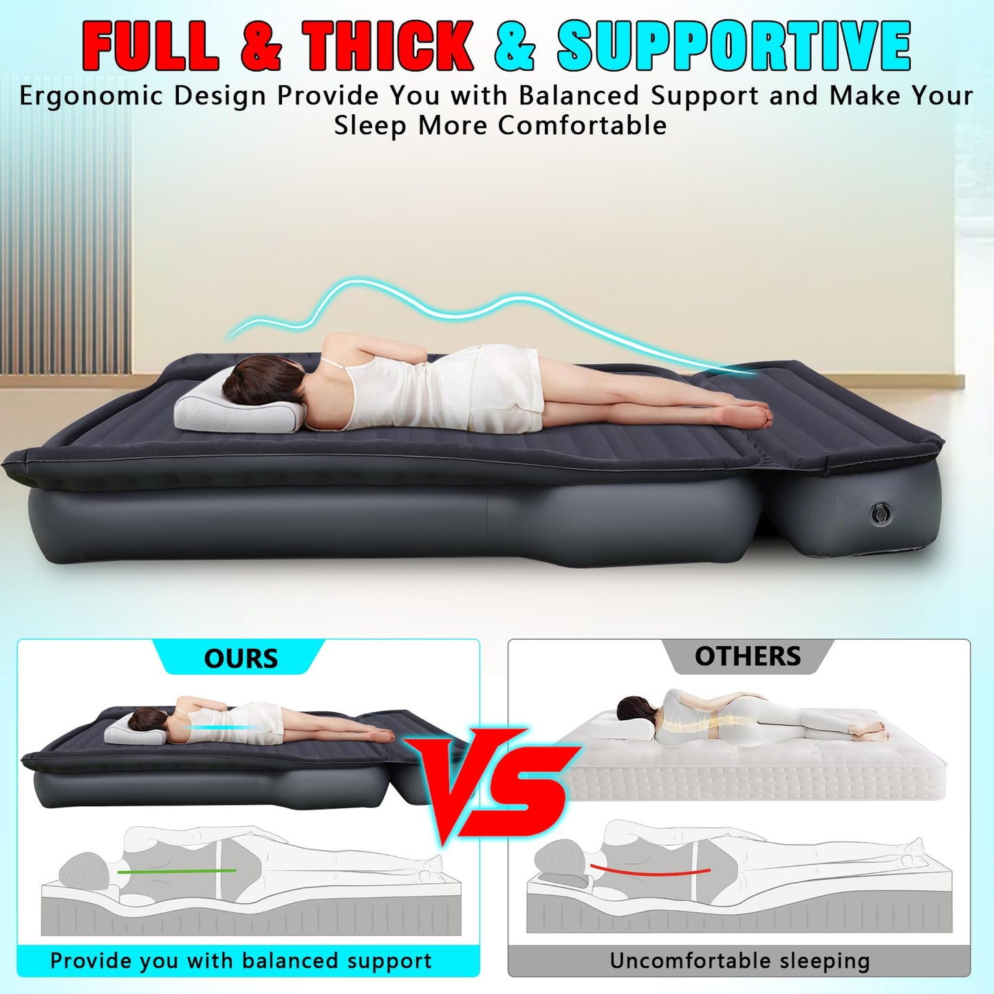 JESTMOTOR Camping Pickup Truck Bed Air Mattress, 5.5-6.5FT Full Size Thickened Self Inflating Outdoor Truck Bed Mattress, with Built-in USB Rechargeable Pump and 2 Pillows (84"x57"x10")