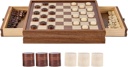 VEVOR Solid Wood Chess Set 15 inch 2-in-1 Chess Checkers Game Set Chess Board Games with Storage Drawer &amp Weighted Chess Checkers Pieces &amp 2 Queens Christmas Crafts Xmas Gift