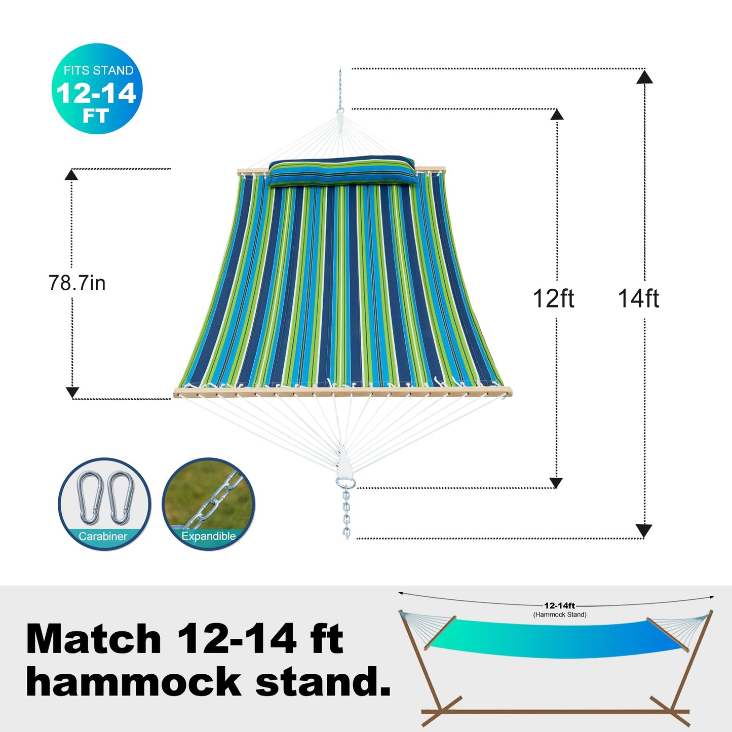 GAFETE Hammock 2 Person Quilted Fabric Hammocks for Outside, Double 12ft Hammocks with Spreader Bar, Large Removable Pillow, Storage Bag, Carabiners, Max 475 lbs Capacity (Garden)