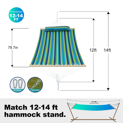 GAFETE Hammock 2 Person Quilted Fabric Hammocks for Outside, Double 12ft Hammocks with Spreader Bar, Large Removable Pillow, Storage Bag, Carabiners, Max 475 lbs Capacity (Garden)
