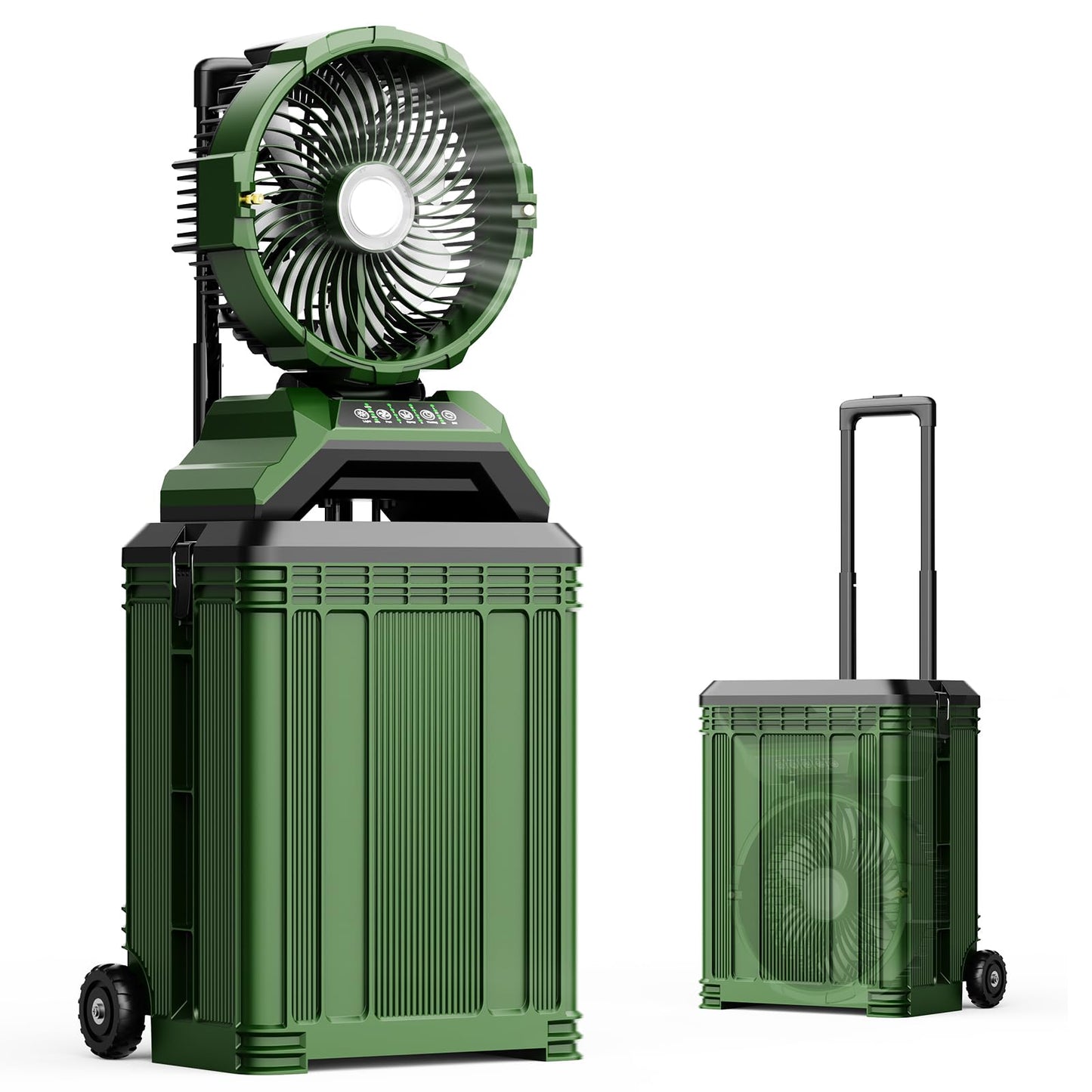 Veubew Portable Misting Fan with 30L Bucket, 30000mAh Rechargeable Battery Powered, 12Hrs Mist Rechargeable Fans, 4 Strong Winds, 4 Spray Mister, 3 Lighting Settings for Outdoor, Camping, Patios