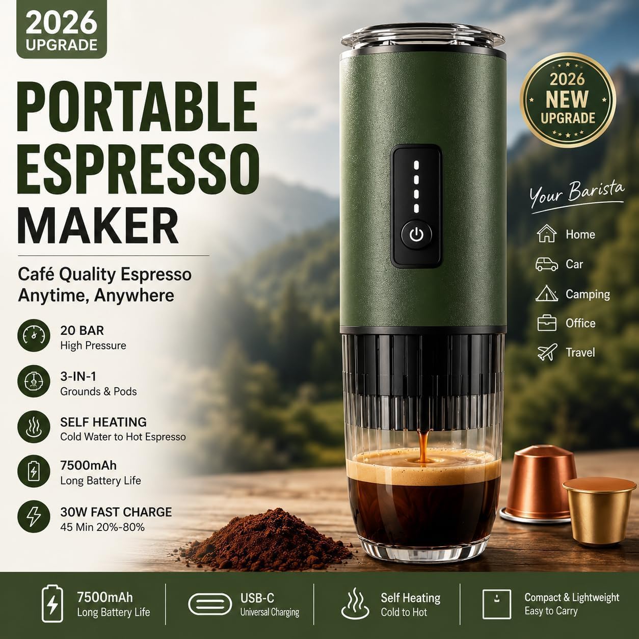 3-in-1 Portable Espresso Machine, Self-Heating Coffee Maker with 20 Bar Pressure, Compatible with Ground Coffee & NS/DG Style Capsules, 7500mAh Battery, USB-C Fast Charging for Travel, Camping & Car