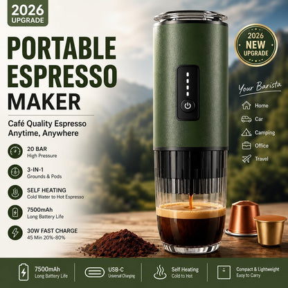 3-in-1 Portable Espresso Machine, Self-Heating Coffee Maker with 20 Bar Pressure, Compatible with Ground Coffee & NS/DG Style Capsules, 7500mAh Battery, USB-C Fast Charging for Travel, Camping & Car