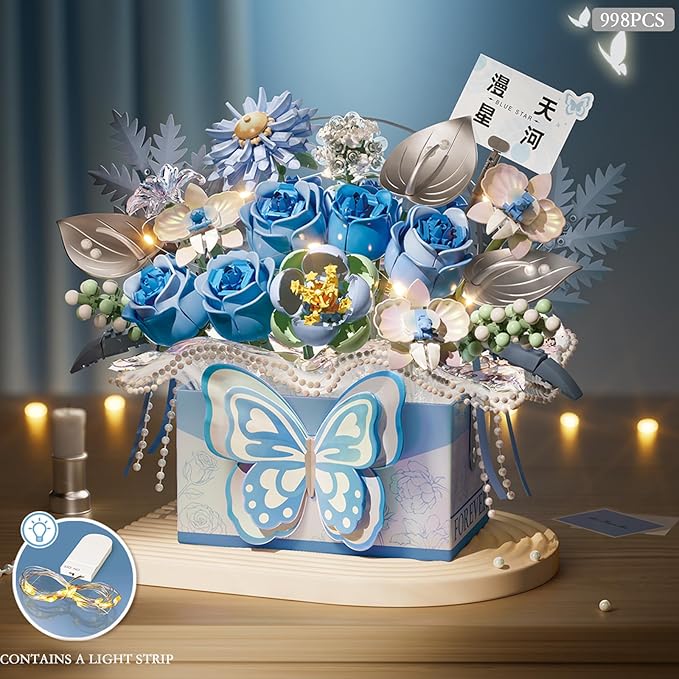 Flower Bouquet Building Blocks Model SetSimulation Artificial Rose Bonsai Plant Building Bricks ToysHandheld Gift Box Home Decor (Blue Butterfly)