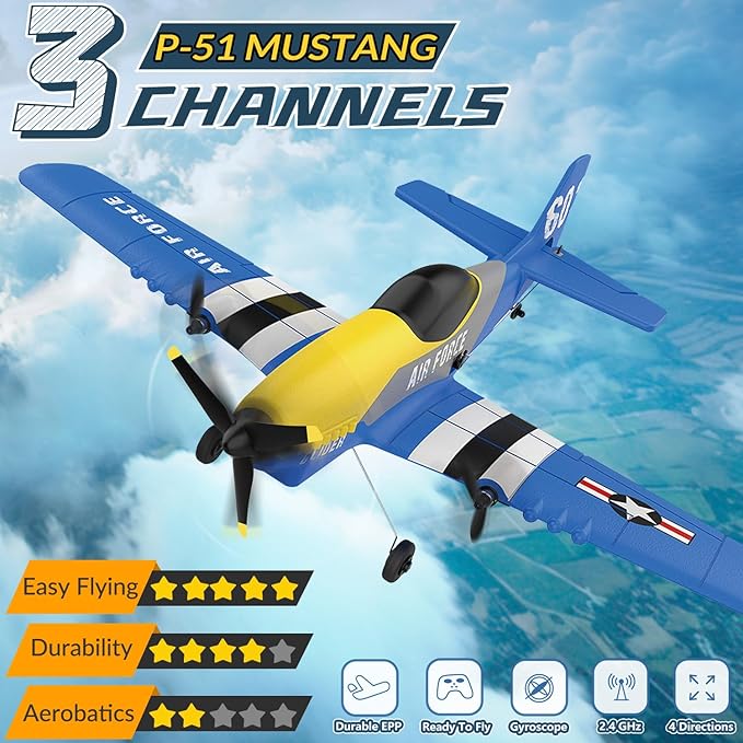HAWK'S WORK 3 Channel RC Plane P-51D Mustang Remote Control Airplane Ready to Fly 2.4GHz 6-axis Gyro Stabilizer Easy to Fly for Kids &amp Beginners