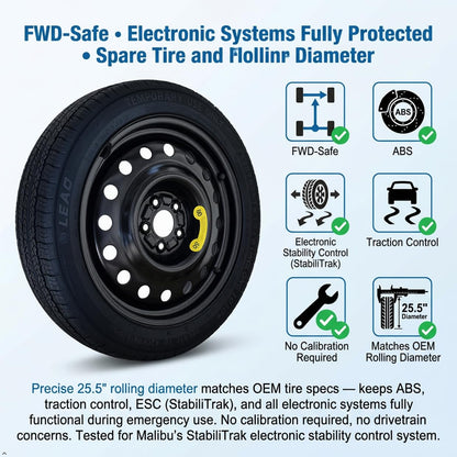 Spare Tire Kit Compatible with 2016-2025 Chevrolet Malibu | 135/70R18 Compact Donut Spare | Complete Roadside Kit Includes Scissor Jack, Lug Wrench & Storage Bag – Fits Under Trunk Floor
