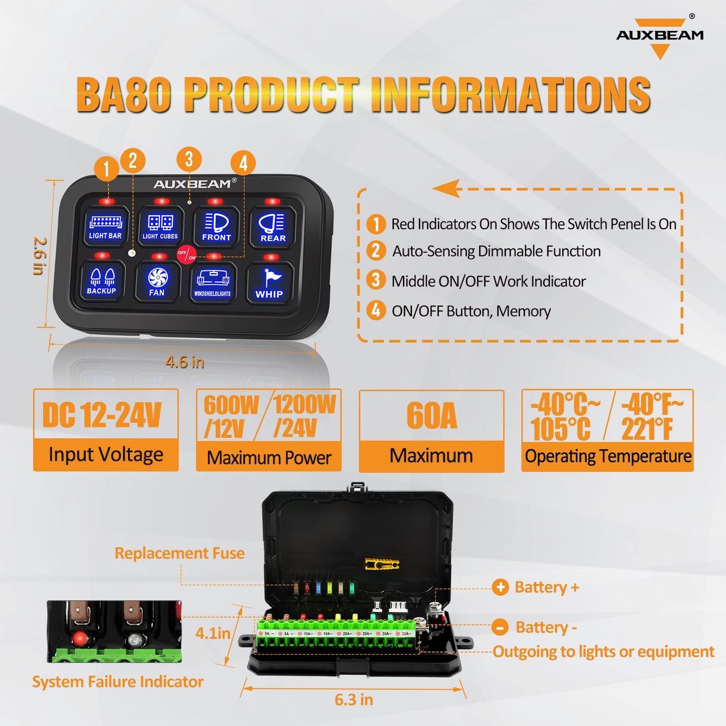 Auxbeam 8 Gang Switch Panel BA80, Universal Circuit Control Relay System Box with Automatic Dimmable On-Off LED Switch Pod Touch Switch Box for Car Pickup Truck Boat UTV ATV, Blue 3 Years Warranty