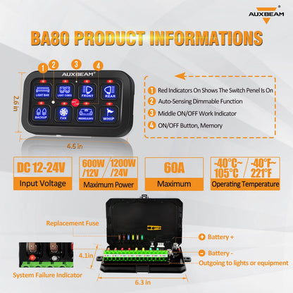 Auxbeam 8 Gang Switch Panel BA80, Universal Circuit Control Relay System Box with Automatic Dimmable On-Off LED Switch Pod Touch Switch Box for Car Pickup Truck Boat UTV ATV, Blue 3 Years Warranty