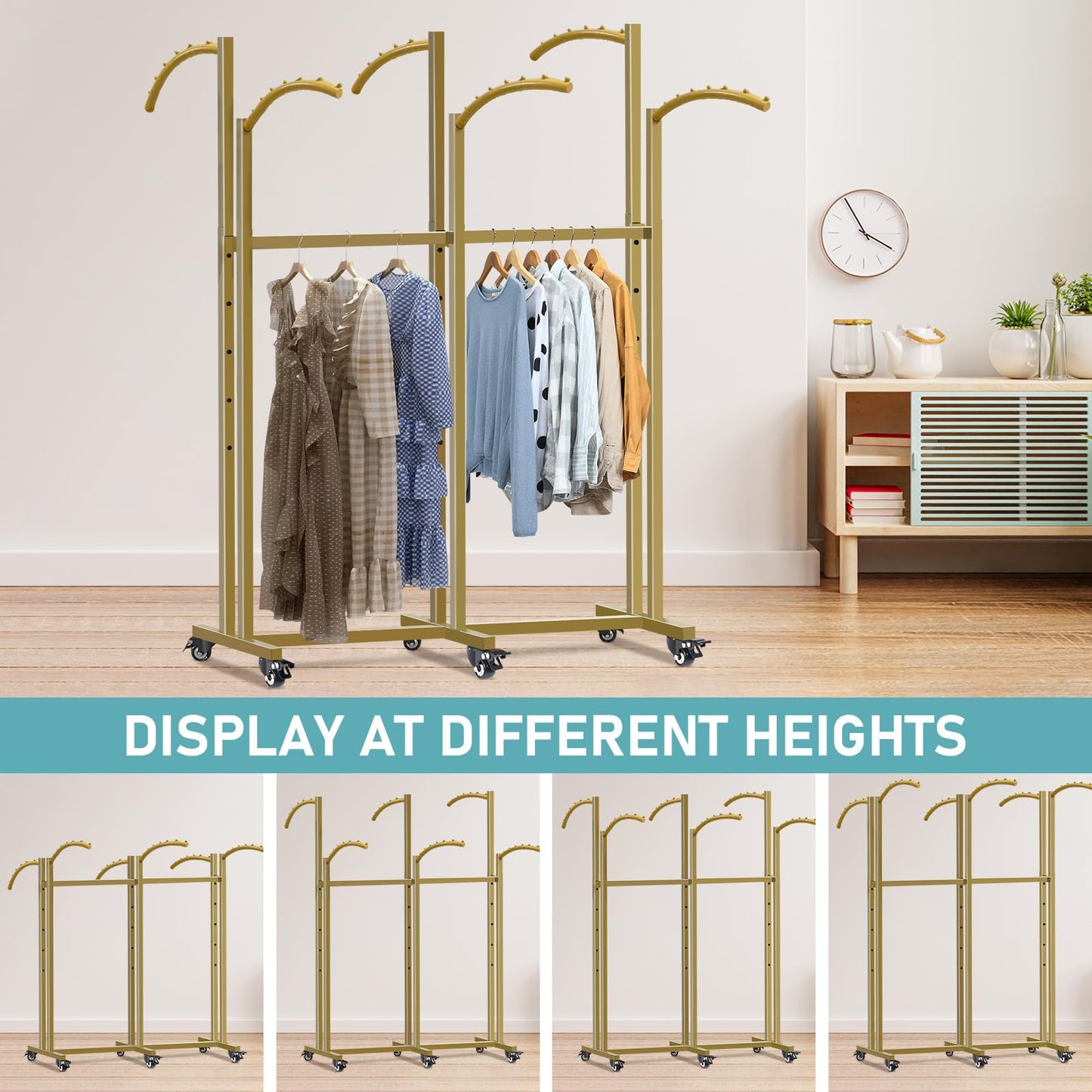 Vrietina Floor Standing Metal Garment Rack, 6 Arms Clothing Display Rack with Wheels, Heavy Duty 48'' to 67'' Adjustable Height Retail Clothes Rack Rolling Shirt Rack for Hanging Clothes, Gold