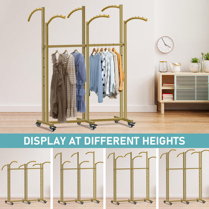 Vrietina Floor Standing Metal Garment Rack, 6 Arms Clothing Display Rack with Wheels, Heavy Duty 48'' to 67'' Adjustable Height Retail Clothes Rack Rolling Shirt Rack for Hanging Clothes, Gold