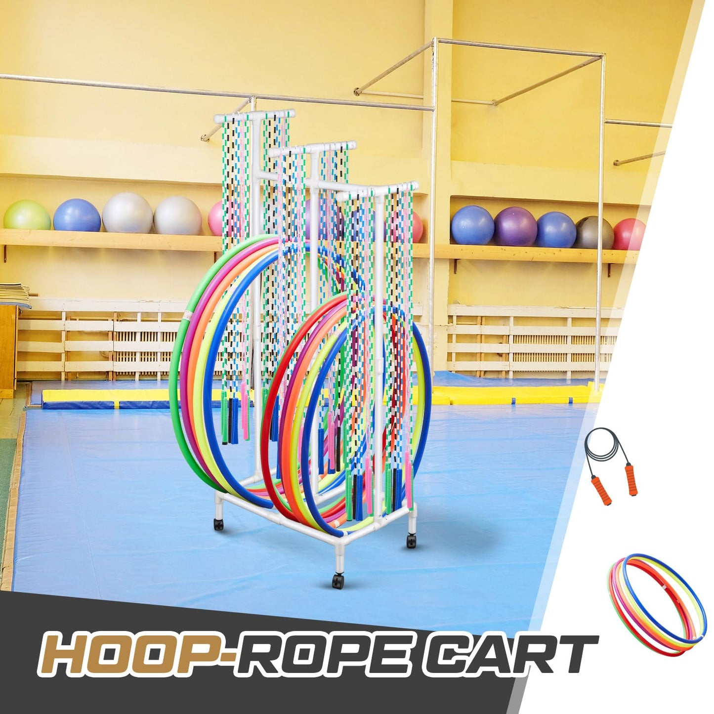 Duraaamo PVC Hoop Cart Plastic Jump Rope Rack with Wheels Movable Hoop and Rope Holder PE Equipment Stand for Storage Indoor Outdoor Sports Elementary School Gear, 28 x 18 x 69 Inch