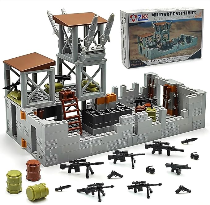 ZHX Military Base Building Brick Set for Army Minifigure War Accessories Defence Base Guard Tower Guns Weapons Building Block Toy for Kids 8 10 12 14 Years