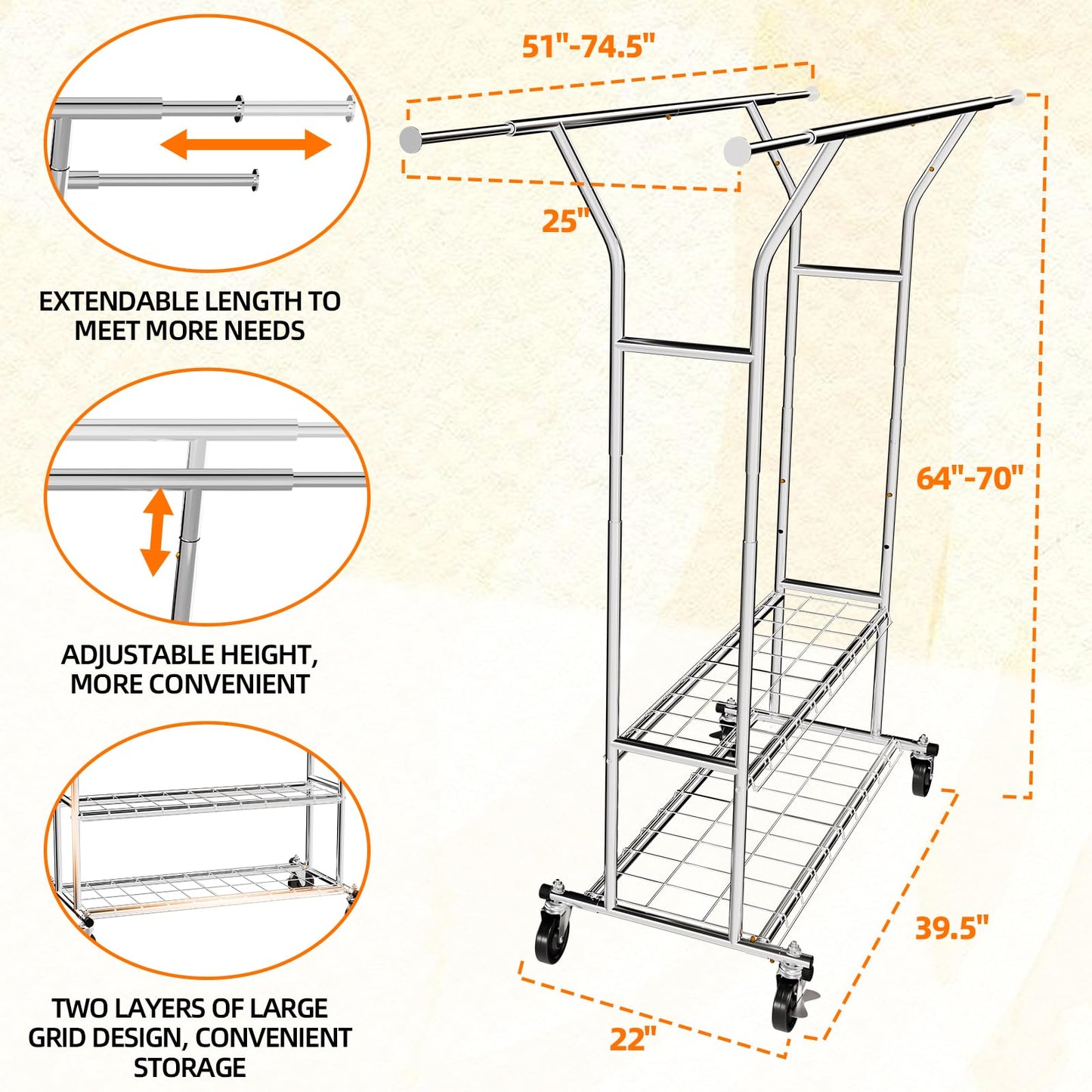 FAHKNS Clothes Rack, 74.5'' W Clothing Rack, Rolling Heavy Duty Clothes Rack, Load 600 Lbs with Wheels, Double Rod Clothing Racks for Hanging Clothes, Adjustable Garment Rack Commercial Portable