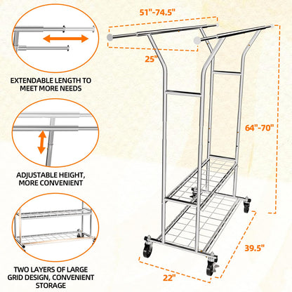 FAHKNS Clothes Rack, 74.5'' W Clothing Rack, Rolling Heavy Duty Clothes Rack, Load 600 Lbs with Wheels, Double Rod Clothing Racks for Hanging Clothes, Adjustable Garment Rack Commercial Portable
