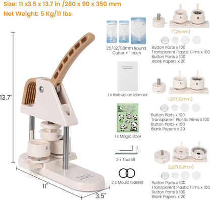 3-in-1 Button Maker Machine for 1/1.25/2.28 inch (25/32/58mm) Badges | Ergonomic Arc Handle Press Kit with 300pcs Button Parts | Includes Circle Cutter & Guidebook for DIY Crafts and Gifts