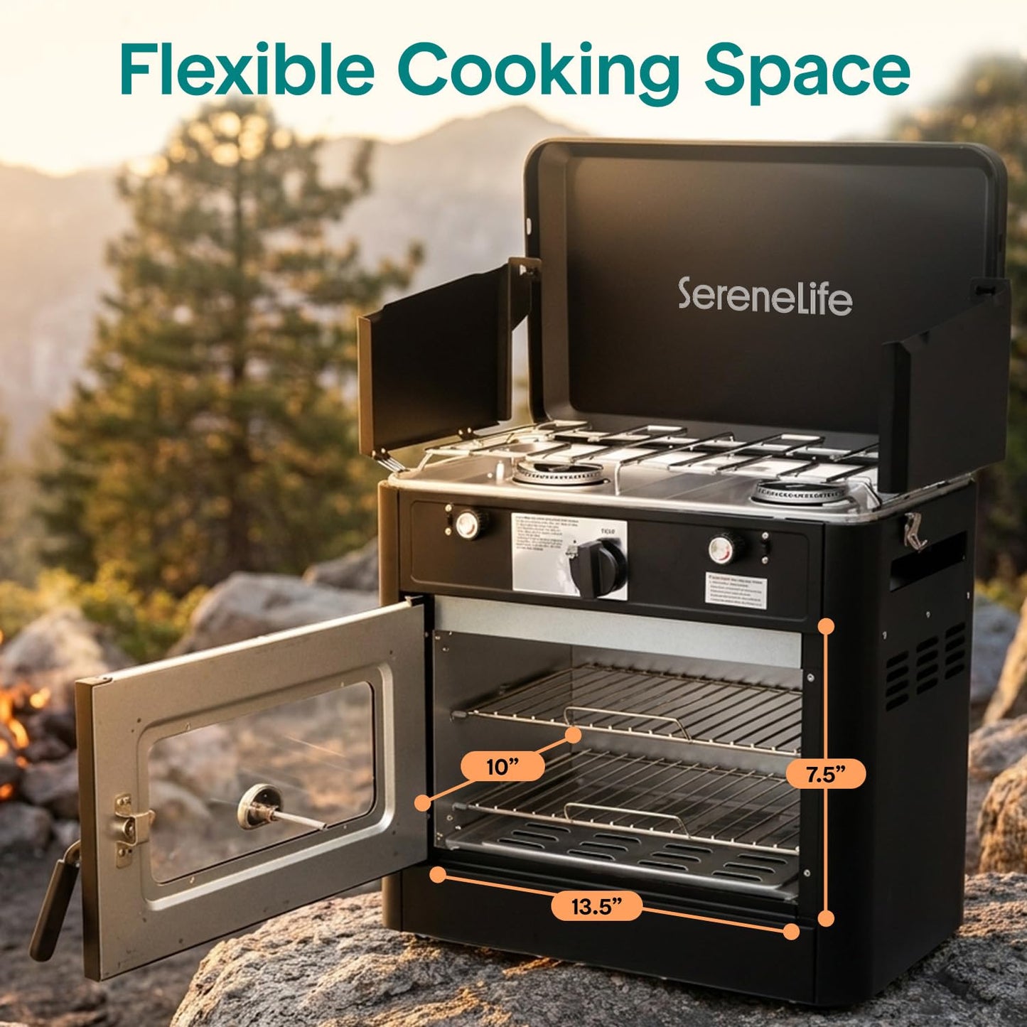 Camping Oven 3 in 1 Stove Oven Combo, Outdoor Camp Oven with 2 Burner Cooking, Piezo Ignition and Temperature Control, Compact RV, Camping and Tailgating