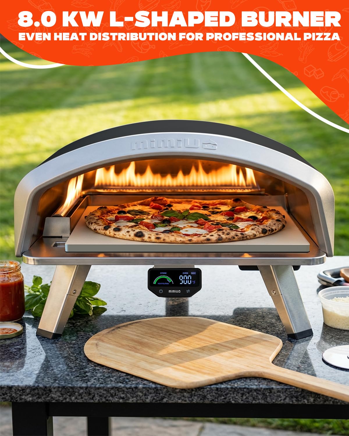 Mimiuo 16 Inch Gas Pizza Oven Outdoor Propane, Portable Pizza Maker with Digital Thermometer and Color-Coded Guide for Beginners, 3 Cooking Modes (Classic/Neapolitan/Custom), 900℉