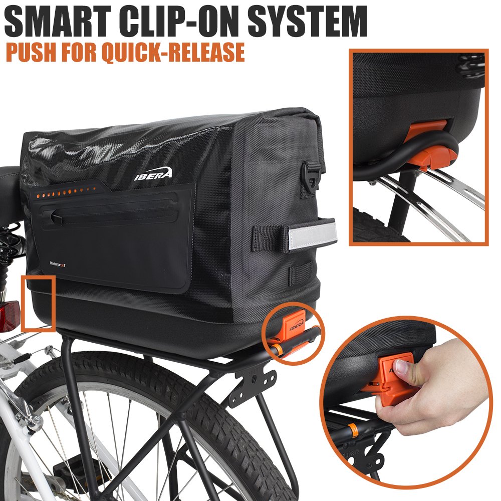 Ibera Bike Trunk Bag - PakRak Clip-On Quick-Release Waterproof Bicycle Commuter Bag (Black)