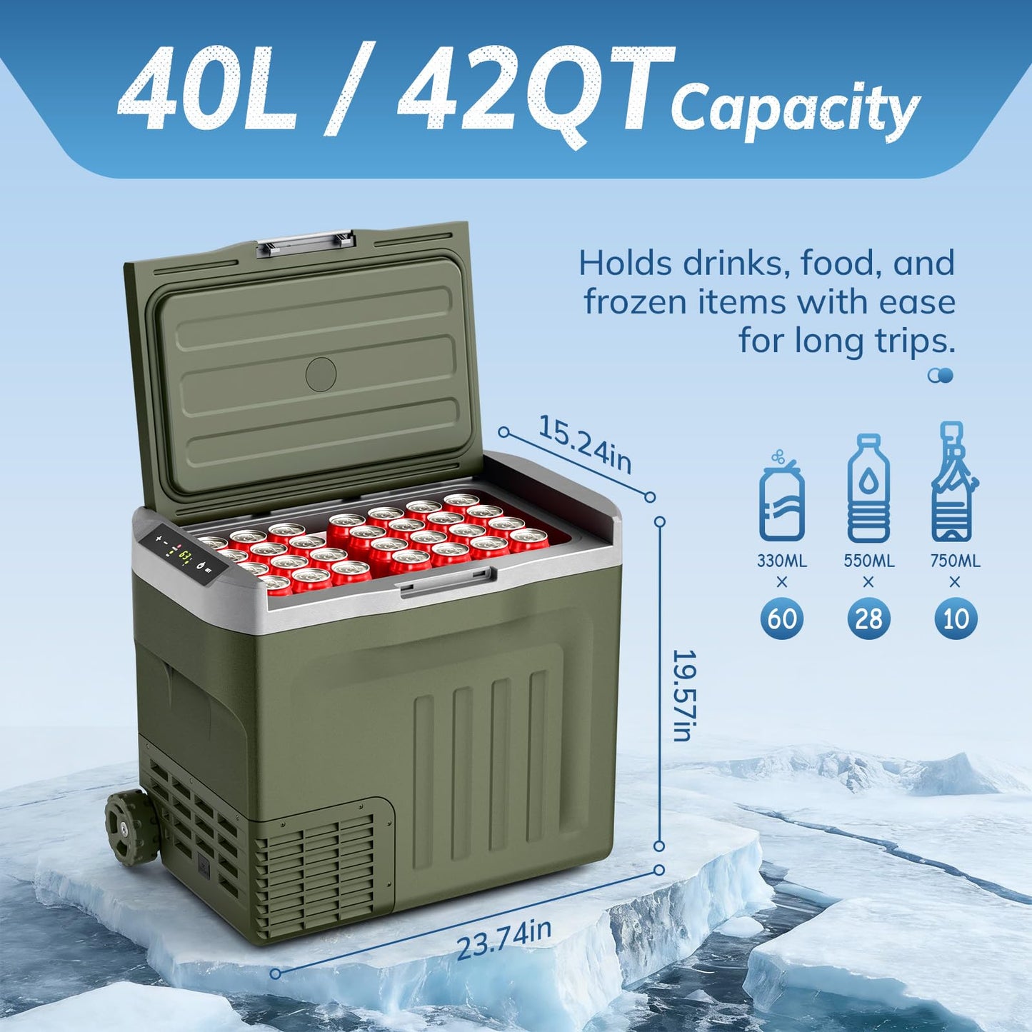 Antarctic Star 12 Volt Refrigerator,43QT(40L) Electric Cooler, Portable Refrigerator Freezer -4℉~68℉,12V 24V DC 100 240V AC Car Fridge with Wheels&2 Baskets for Camping,Travel,RV,Car,GREEN
