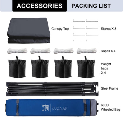 KUZNAP 12’x12’ Pop up Canopy Tent Patented EZ Set up Instant Outdoor Canopy with Wheeled Carry Bag Bonus 4 Weight Sandbags, 8 Stakes and 4 Ropes， Grey