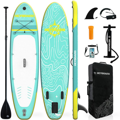 HEYBOARD Inflatable Stand Up Paddle Board 10'6"×32"×6" Standup Paddleboard with Premium SUP Accessories & Backpack, Non-Slip Deck, Waterproof Bag, Leash, Paddle, Hand Pump, Mint Green