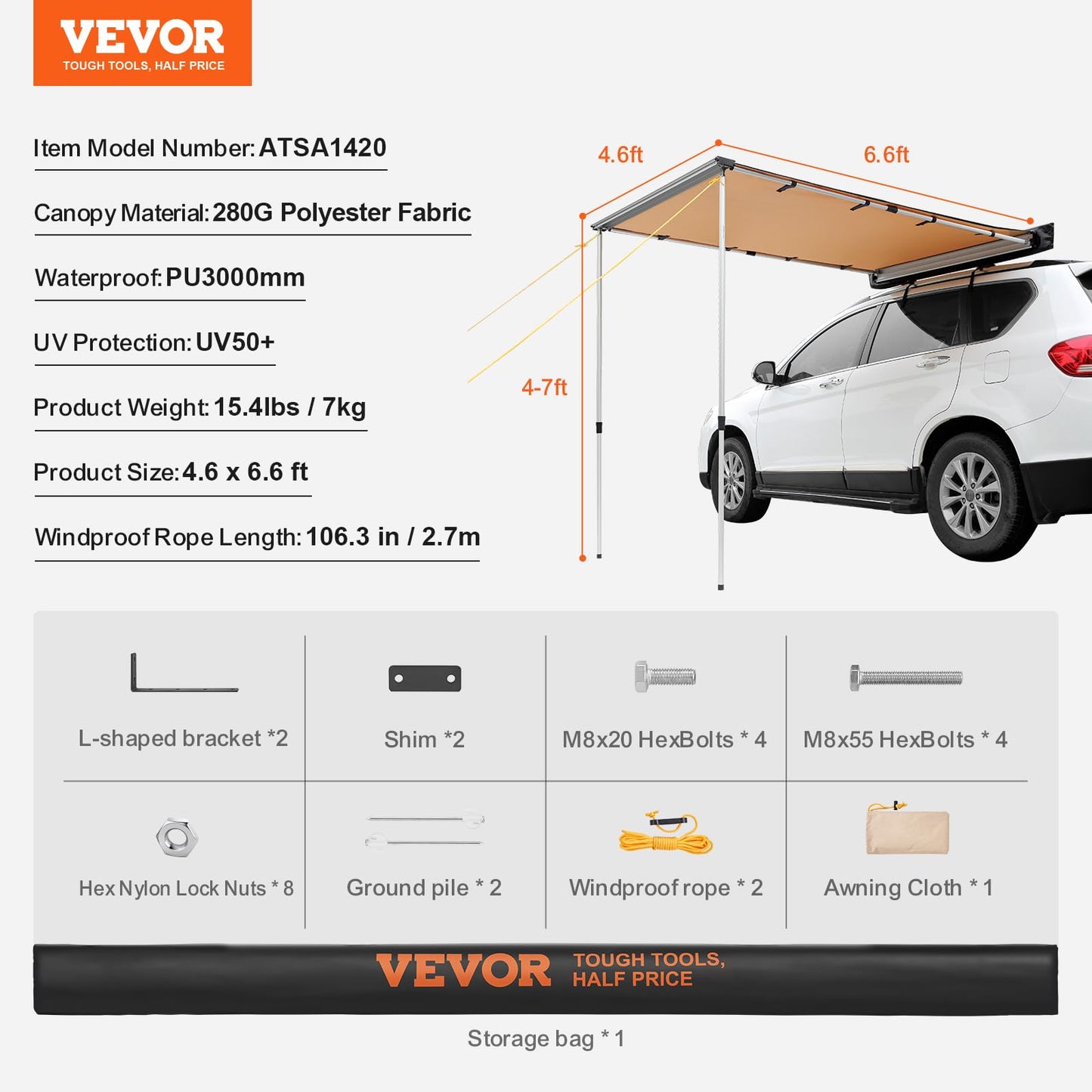 VEVOR Vehicle Awning 4.6'x6.6' Roof Rack Pull-Out Sun Shade UV50+ PU3000mm, Retractable Weatherproof 4x4 Side Awning for SUV Outdoor Camping & Overland (Hardware Included), w/Waterproof Storage Bag