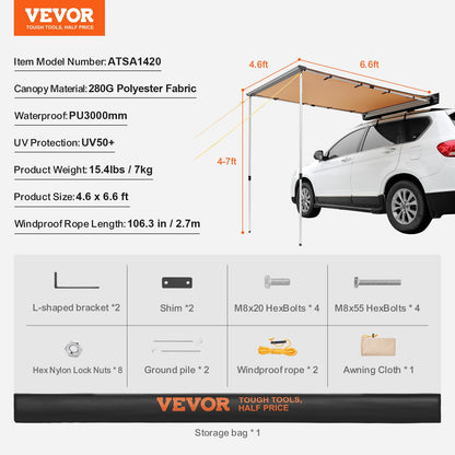VEVOR Vehicle Awning 4.6'x6.6' Roof Rack Pull-Out Sun Shade UV50+ PU3000mm, Retractable Weatherproof 4x4 Side Awning for SUV Outdoor Camping & Overland (Hardware Included), w/Waterproof Storage Bag