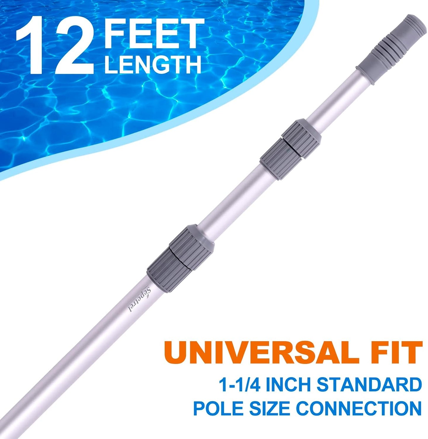 Sepetrel Pool Pole - 12-Foot Telescoping Cleaning Pole for Skimmer Net, Brush & Vacuum Head