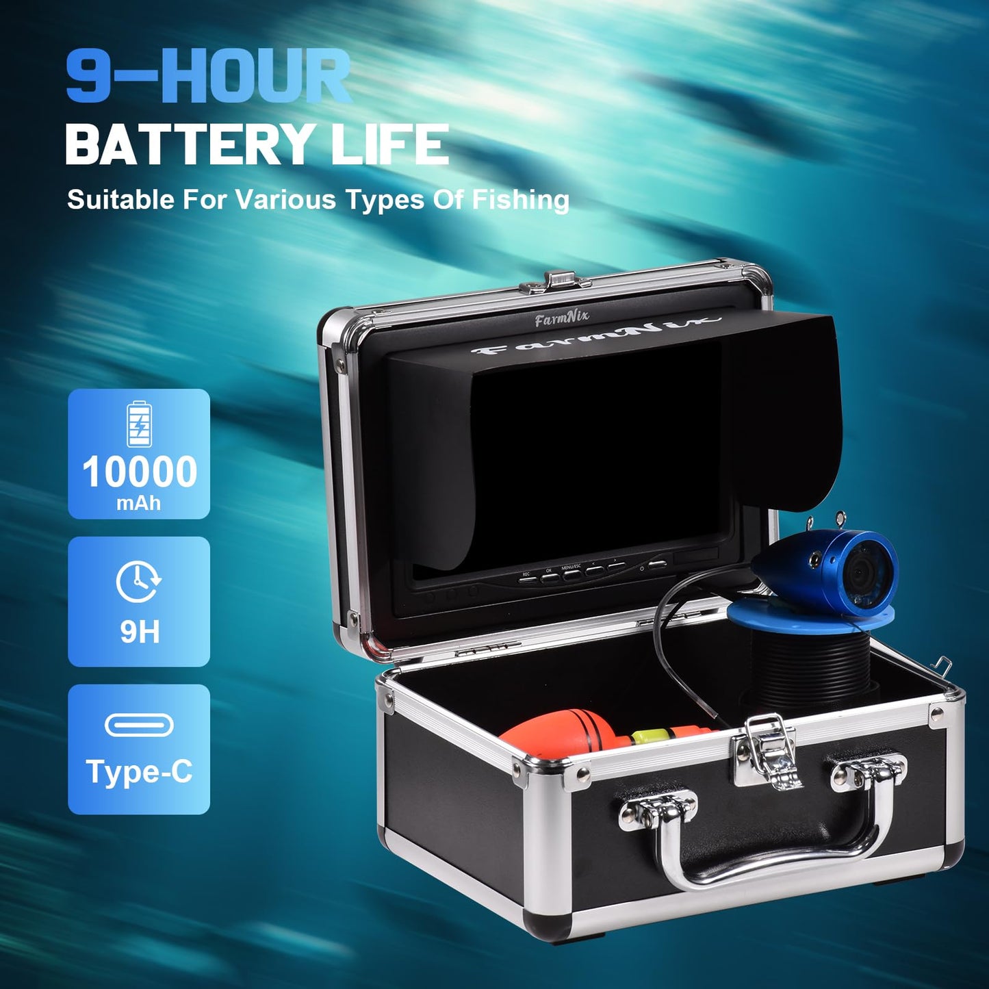 1200TVL HD Underwater Ice Fishing Camera with DVR (Includes 32GB Card) & 7" 1024x600 Monitor, 30m Cable, 10000mAh, 12 White+12 IR LEDs, Aluminium Case