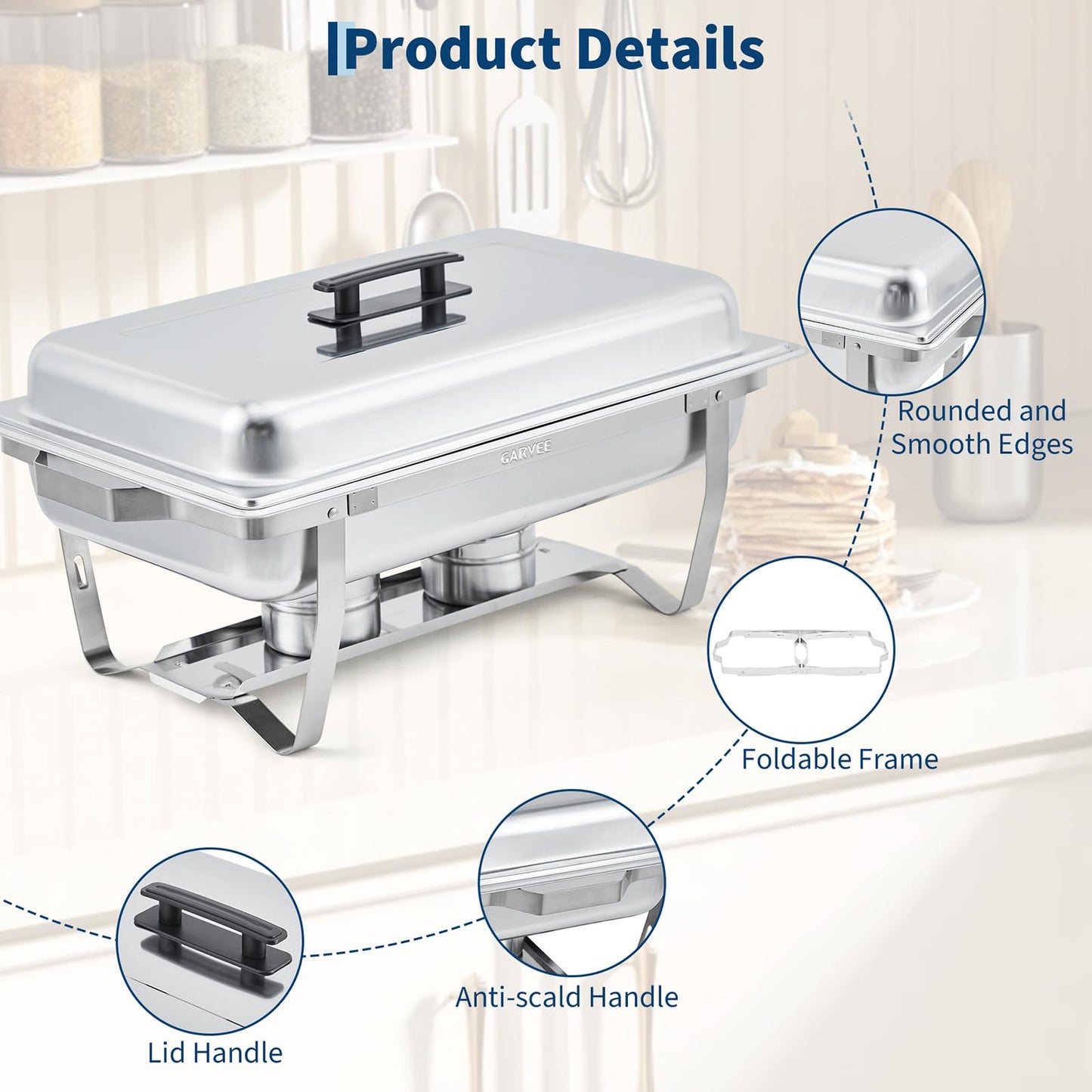 Garvee 4 Pack Chafing Dish Buffet Set, 8 Qt Rectangle & 5 Qt Round Stainless Steel Chafers and Food Warmer Sets with Lid, Food & Water Pan and Fuel Holder for Events, Parties & Holiday Catering