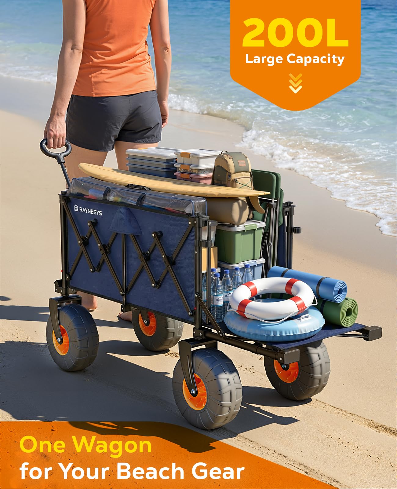 Beach Wagon with Big Wheels for Sand, 440lbs Wagons Carts Foldable with 9x4 All-Terrain Wheels, Rear Tailgate, 200L Capacity, Heavy Duty Collapsible Beach Cart for Garden Sports Camping Outdoor, Blue