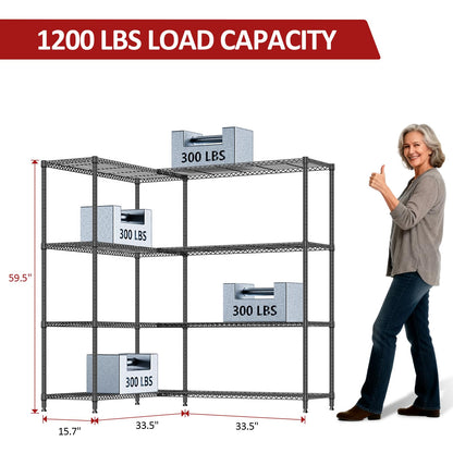 IZEUK Linked Storage Racks, DIY Adjustable Heavy Duty Metal Shelving Unit for Corner, Ideal for Kitchen, Garage, Warehouse, and Garden (Black, 4 Tiers, 15.7" D x 33.5" W x 59.5" H, 1147 lbs Capacity)