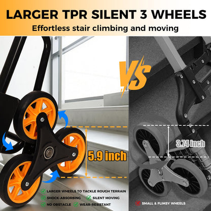 Stair Climbing Dolly - Heavy Duty Stairs Climber Hand Truck for Moving, 380LBS Capacity Folding Cart with 5.9" Triple Wheels, Adjustable Handle, Portable for Home Furniture Grocery Warehouse Office