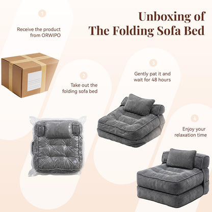 Folding Sofa Bed, Convertible Sleeper Chair with Pillow Foldable Mattress with Back Support, Portable Fold Out Chair Bed Comfy Floor Couch Lounge for Living Room Bedroom Apartment Single