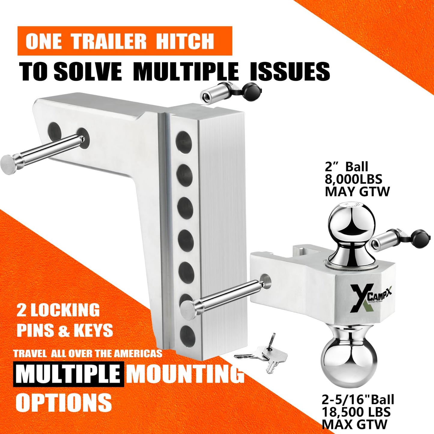 CAMPX Adjustable Trailer Hitch, 6-inch Drop Tow Hitch Fits 2.5-inch Receiver,2 and 2-5/16 inch Balls, 18,500 LBS,Solid Tube Hitch with Anti-Theft Pin, SLV