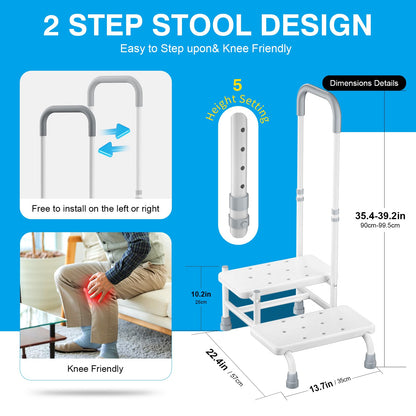 FORTEMOTUS 2 Step Stool with Handle for Elderly - Heavy Duty Bed Steps for High Beds for Adults with Adjustable Handrail &Non-Skid Platform, Foot Stool Ladder for Bedside, Kitchen, Car, RV, Bathtub
