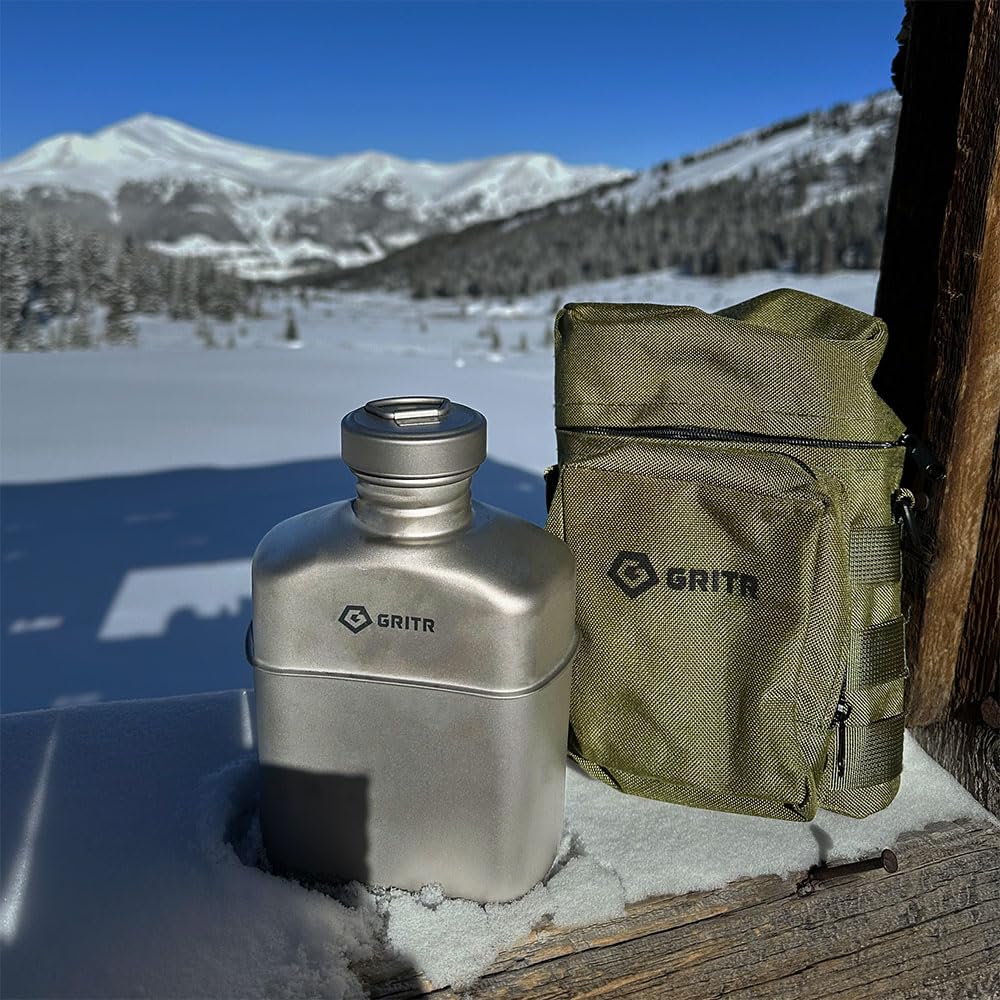 GRITR Titanium Canteen Mess Kit | Compact Portable Camping Open Fire Cookware Set for Backpacking, Hiking, Fishing | Ultralight Durable Outdoor Camp Cooking Utensils - Storage Bag Included