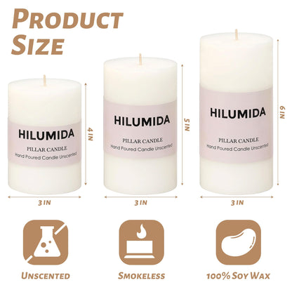 White Pillar Candles Set of 3 - Hand-Poured Unscented Candles,Smokeless Dripless Candles for Dinner Table and Home, Set of 3 in Different Sizes (3"x4", 3"x5", 3"x6")