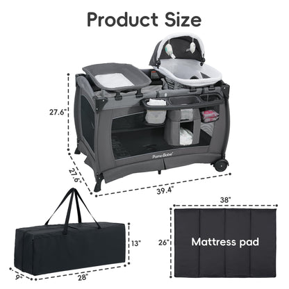 Pamo Babe Pack and Play 4-in-1 Baby Playard with Bassinet & Changing Table, Foldable Portable Playpen with Mattress, Nursery Center for Newborn to Toddler 0-36M-Black