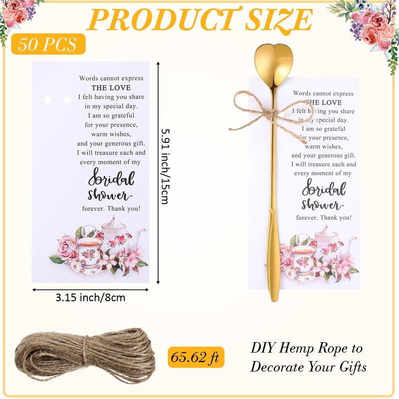 Skybooly Tea Party Bridal Shower Favors Mini Coffee Spoons Small Tea Spoons Heart Shaped Spoon with Bridal Shower Thank You Cards and Hemp Rope Wedding Souvenirs Tea Party Favor (50, Gold)