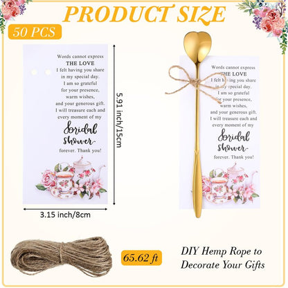 Skybooly Tea Party Bridal Shower Favors Mini Coffee Spoons Small Tea Spoons Heart Shaped Spoon with Bridal Shower Thank You Cards and Hemp Rope Wedding Souvenirs Tea Party Favor (50, Gold)