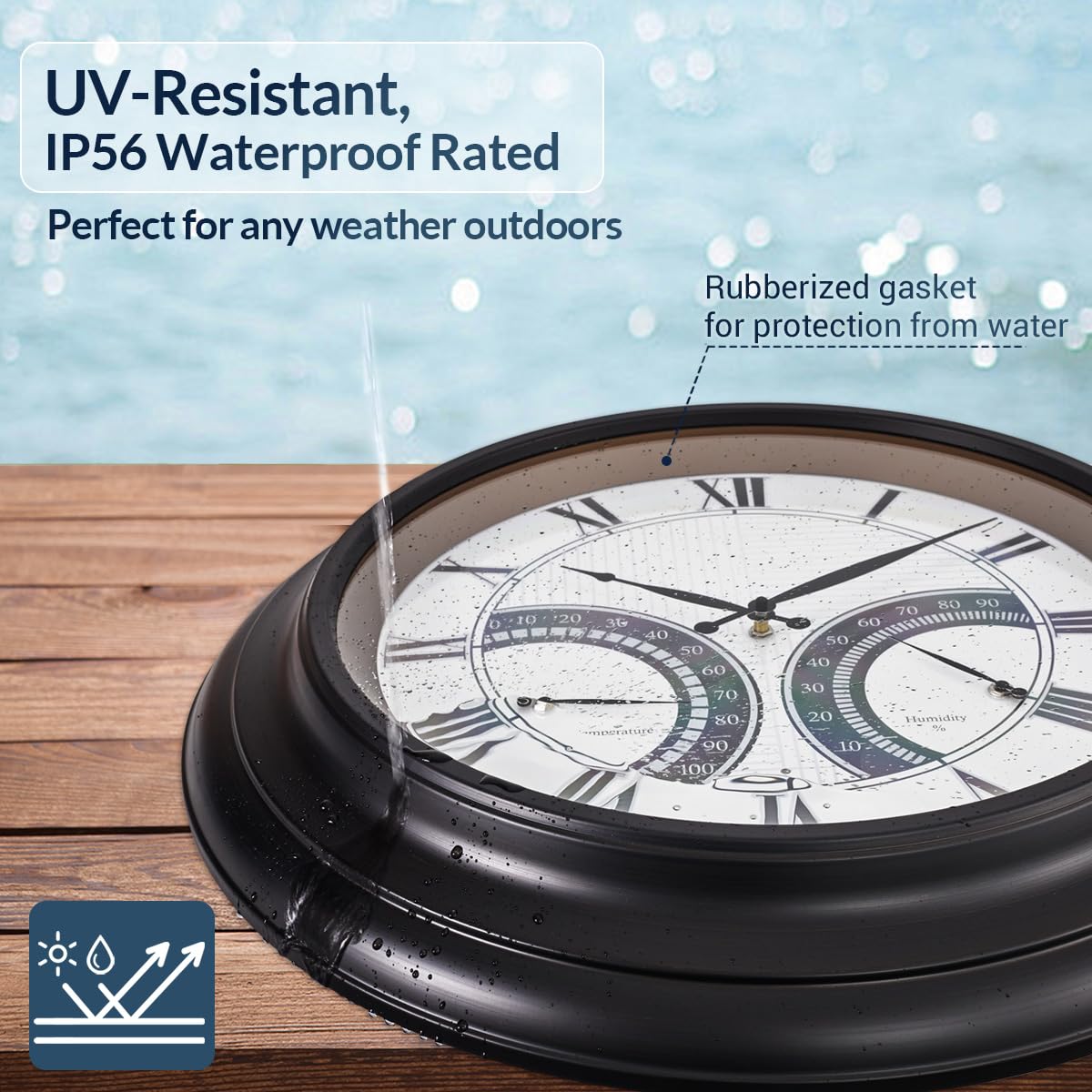 ANDY STAR 24 Inch Outdoor Clocks Waterproof,Large Outdoor Wall Clocks for Patio with Thermometer, Weatherproof Illuminated Clock Battery Operated with Thermometer&Hygrometer,Oil Rubbed Bronze Black