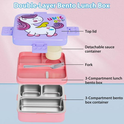 Freshmage Stainless Steel Bento Box - Large Capacity, Leakproof & BPA-Free | 3 Compartments, Pink